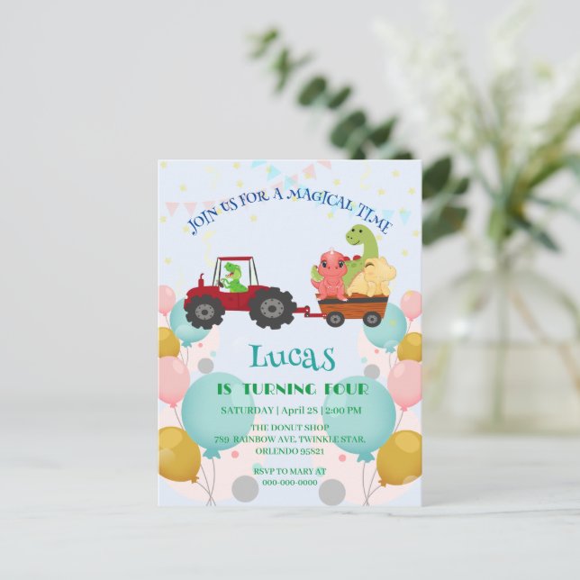 Funny dinosaur tractor Birthday party DIY Name Postcard (Standing Front)