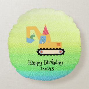 Funny dinosaur tractor Birthday party DIY Name Round Cushion
