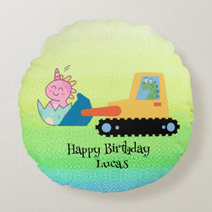 Funny dinosaur tractor Birthday party DIY Name Round Cushion