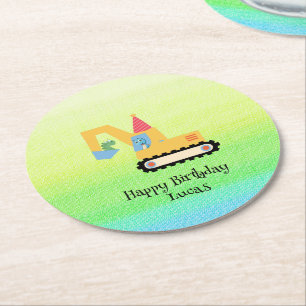Funny dinosaur tractor Birthday party DIY Name Round Paper Coaster