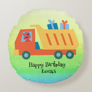 Funny dinosaur truck Birthday party DIY Name Round Cushion