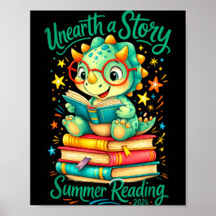 Funny dinosaur unearth story summer reading kids poster