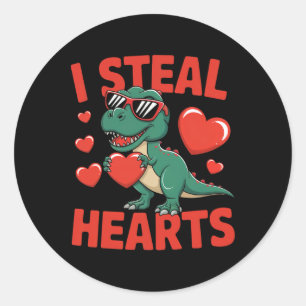 Funny Dinosaur Valentine Design With Hearts  Classic Round Sticker