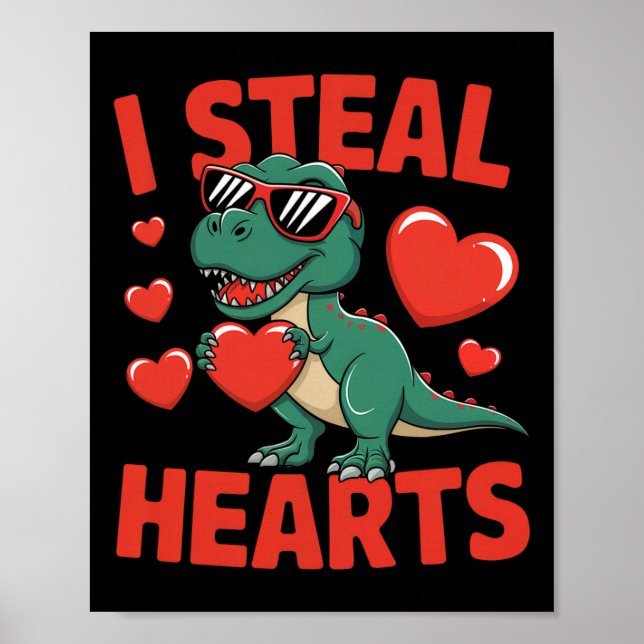 Funny Dinosaur Valentine Design With Hearts  Poster (Front)