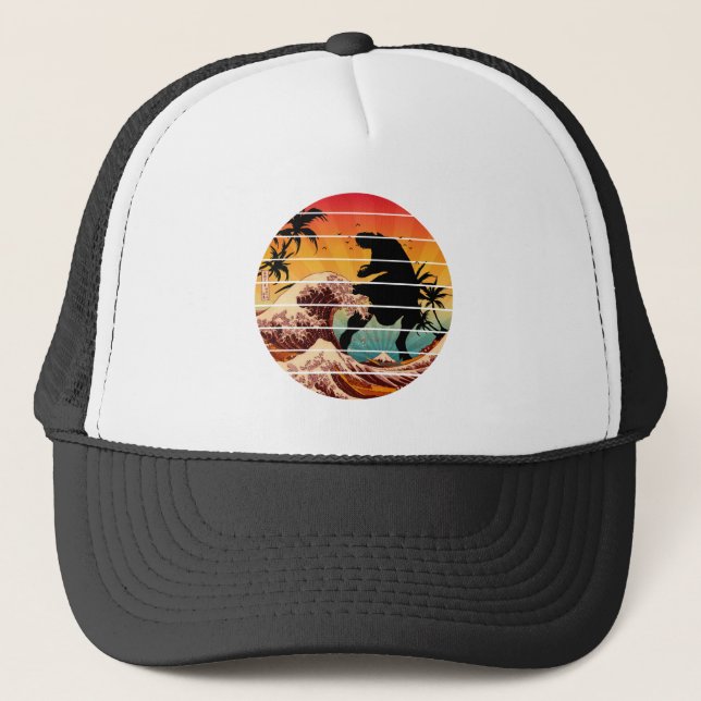 FUNNY DINOSAUR WAVE OF KANAGAWA VINTAGE TRUCKER HAT (Front)