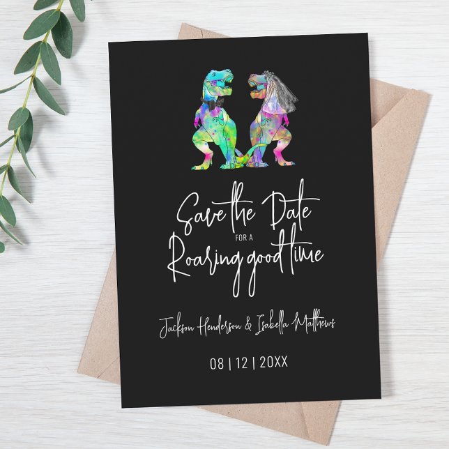 Funny Dinosaur Wedding Black and White Save The Date (Funny T-Rex bride and groom dinosaur wedding save the date for a roaring good time quote psychedelic)