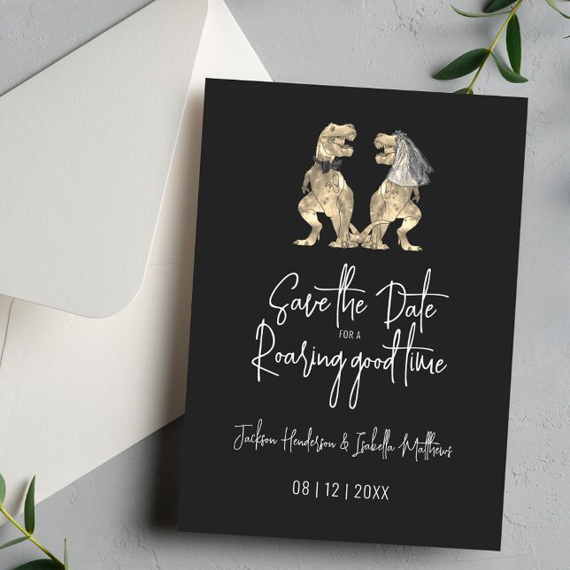 Funny Dinosaur Wedding Black and White Save The Date (Funny Dinosaur theme wedding save the date black & white invitation modern script T-Rex dino couple)