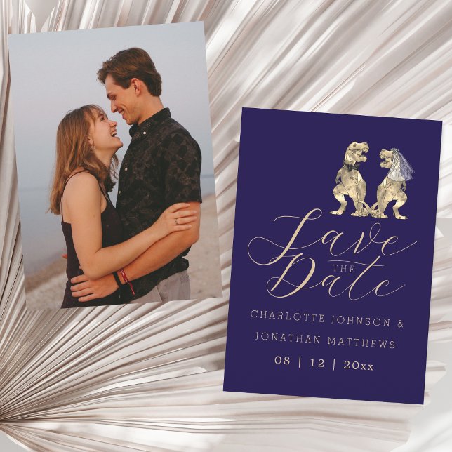 Funny Dinosaur Wedding Photo Save The Date (Dinosaur wedding save the date navy blue photo invitation funny jurassic T-Rex dino bride and groom)
