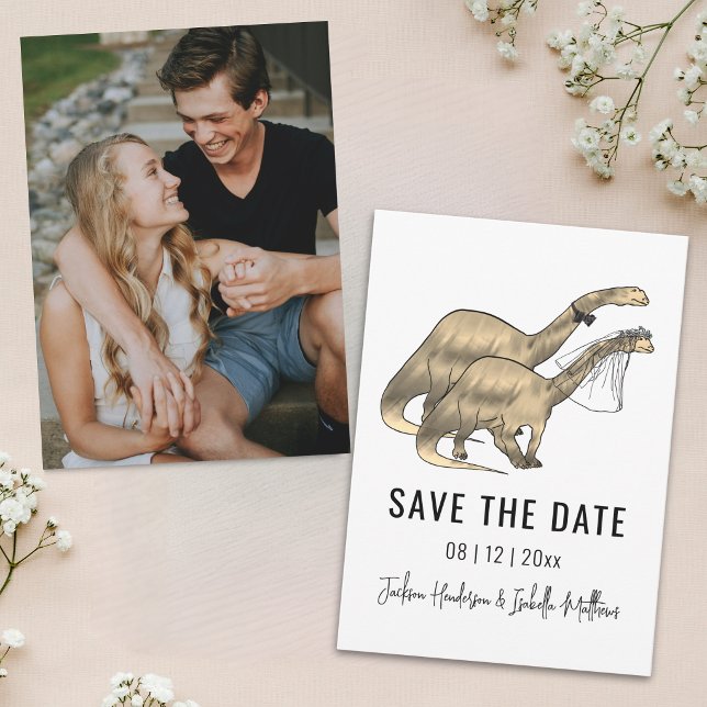 Funny Dinosaur Wedding Photo Save The Date (Funny Dinosaur theme wedding photo save the date card Watercolor Jurassic dino bride and groom )