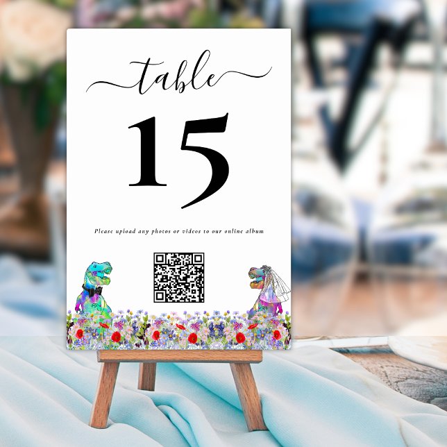 Funny Dinosaur Wedding QR Code Table Number (Funny Dinosaur bride and groom custom wedding qr code table numbers Colorful wildflower boho florals)