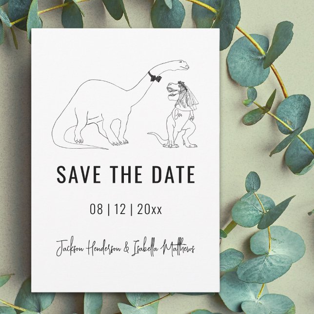 Funny Dinosaur Wedding Save The Date (funny dinosaur wedding save the date T-Rex bride brontosaurus groom line art drawing)