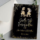 Funny Dinosaur Wedding Save the Date Black Gold<br><div class="desc">Announce your wedding in unforgettable style with this funny dinosaur “Save the Date” invitation in black and gold foil. Perfect for couples seeking a unique, whimsical wedding announcement, this eye-catching design blends humour with sophistication for a truly memorable first impression. Featuring a playful T-Rex bride and groom surrounded by lush...</div>