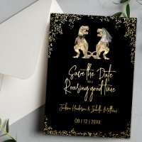 Funny Dinosaur Wedding Save the Date Black Gold