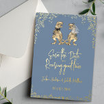 Funny Dinosaur Wedding Save the Date Blue Gold<br><div class="desc">Announce your wedding in unforgettable style with this funny dinosaur “Save the Date” invitation in dusty blue and gold foil. Perfect for couples seeking a unique, whimsical wedding announcement, this eye-catching design blends humour with sophistication for a truly memorable first impression. Featuring a playful T-Rex bride and groom surrounded by...</div>