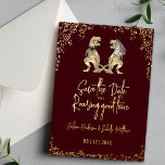 Funny Dinosaur Wedding Save the Date Burgundy Gold<br><div class="desc">Announce your wedding in unforgettable style with this funny dinosaur “Save the Date” invitation in rich burgundy and gold foil. Perfect for couples seeking a unique, whimsical wedding announcement, this eye-catching design blends humor with sophistication for a truly memorable first impression. Featuring a playful T-Rex bride and groom surrounded by...</div>