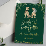 Funny Dinosaur Wedding Save the Date Gold<br><div class="desc">Make your big announcement unforgettable with this funny whimsical dinosaur “Save the Date” green annd gold foil invitation perfect for couples who want a fun, unique twist on their wedding stationery. This charming design features a playful T-Rex bride and groom surrounded by lush Jurassic-inspired foliage in gold foil accents, bringing...</div>