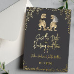 Funny Dinosaur Wedding Save the Date Gray Gold<br><div class="desc">Announce your wedding in unforgettable style with this funny dinosaur “Save the Date” invitation in charcoal gray and gold foil. Perfect for couples seeking a unique, whimsical wedding announcement, this eye-catching design blends humor with sophistication for a truly memorable first impression. Featuring a playful T-Rex bride and groom surrounded by...</div>