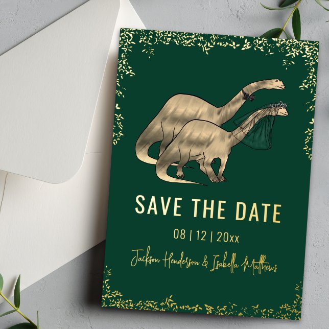 Funny Dinosaur Wedding Save the Date Green Gold (Dinosaur wedding save the date green & gold foil foliage card Watercolor brontosaurus Jurassic dino)