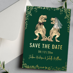 Funny Dinosaur Wedding Save the Date Green Gold