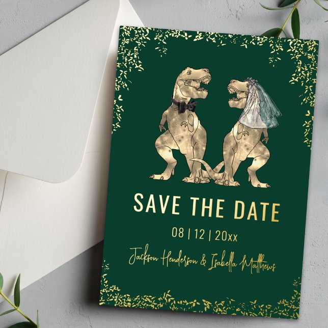 Funny Dinosaur Wedding Save the Date Green Gold (Dinosaur bride and groom wedding save the date green and gold foil card botanical Eucalyptus foliage)