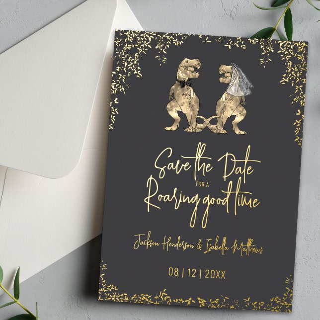 Funny Dinosaur Wedding Save the Date Grey Gold (Save the date for a roaring good time funny dinosaur wedding invite card Charcoal gray gold foil)