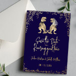 Funny Dinosaur Wedding Save the Date Navy Gold<br><div class="desc">Announce your wedding in unforgettable style with this funny dinosaur “Save the Date” invitation in elegant navy blue and gold foil. Perfect for couples seeking a unique, whimsical wedding announcement, this eye-catching design blends humor with sophistication for a truly memorable first impression. Featuring a playful T-Rex bride and groom surrounded...</div>