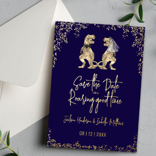Funny Dinosaur Wedding Save the Date Navy Gold