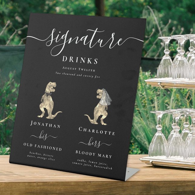 Funny Dinosaur Wedding Signature Drinks Bar  Pedestal Sign (Dinosaur wedding bride & groom signature drinks cocktail bar custom black and white sign T-Rex dino )
