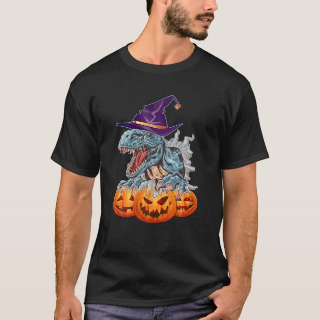 Funny Dinosaur Witch Hat With Spooky Pumpkins For T-Shirt (Front)