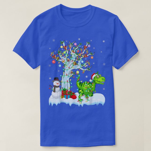 Funny Dinosaur Xmas Tree Lighting Santa Dinosaur C T-Shirt (Design Front)