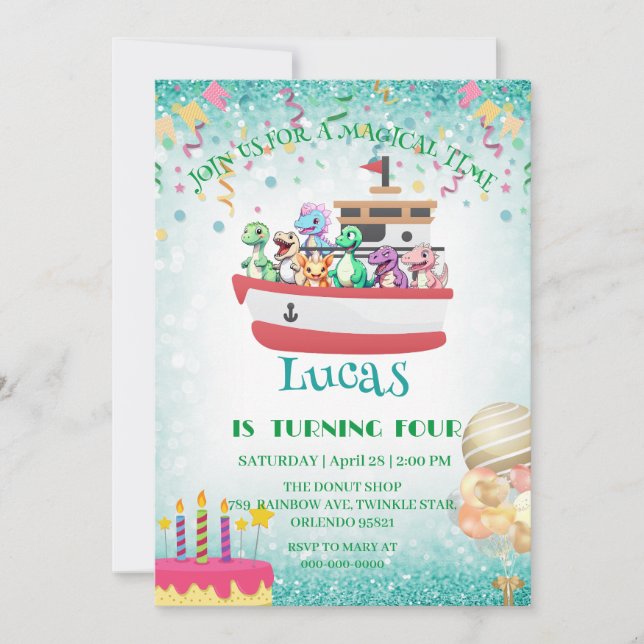 Funny dinosaur Yacht Birthday party DIY Name Holiday Card (Front)
