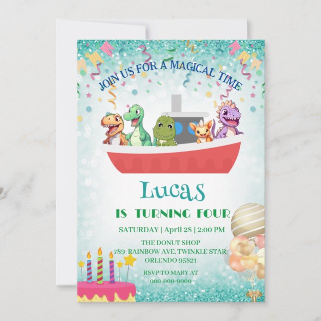 Funny dinosaur Yacht Birthday party DIY Name Invitation (Front)