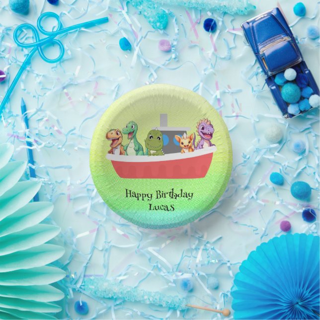 Funny dinosaur Yacht Birthday party DIY Name Paper Plate (Party)
