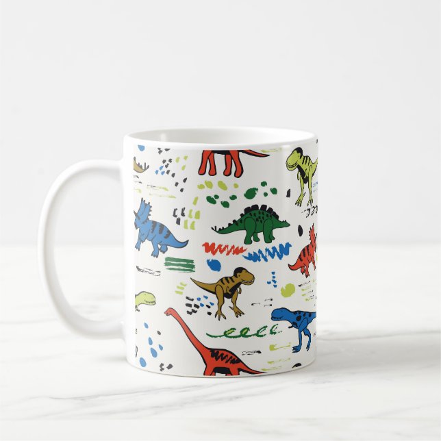 funny dinosaurs graphic colour pattern coffee mug (Left)