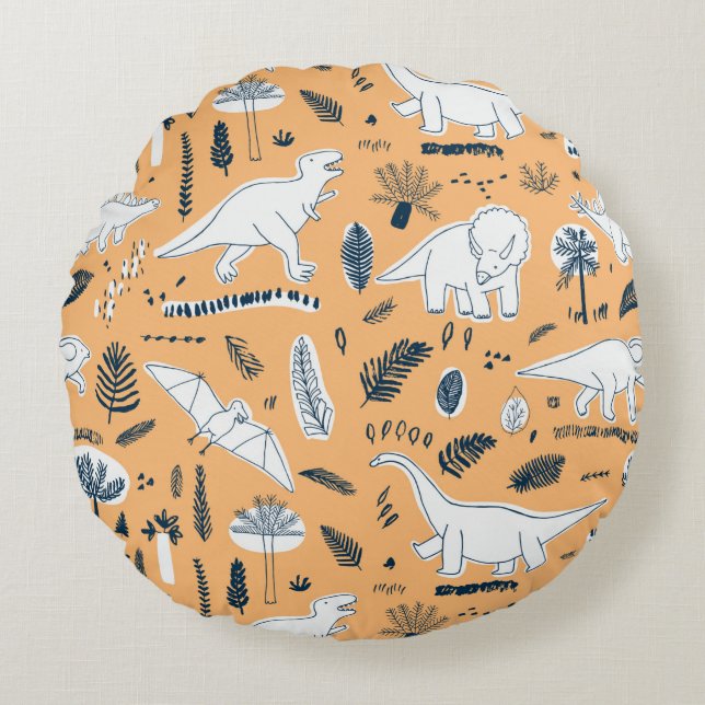 funny dinosaurs with palm leaves pattern round cushion (Front)