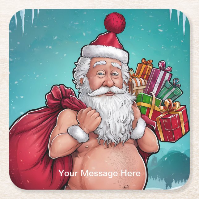Funny Dirty Santa Christmas Collection Square Paper Coaster (Front)