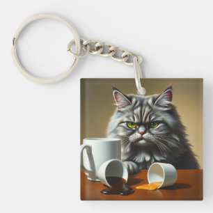 Funny Disappointed Cat With Coffee Mug Key Ring