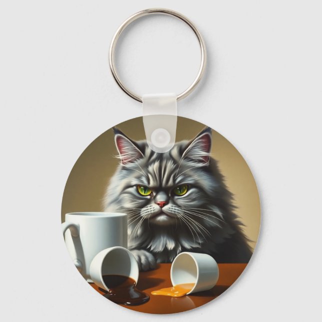 Funny Disappointed Cat With Coffee Mug Key Ring (Front)