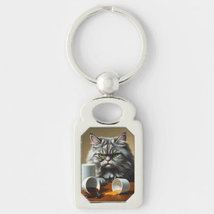 Funny Disappointed Cat With Coffee Mug Key Ring