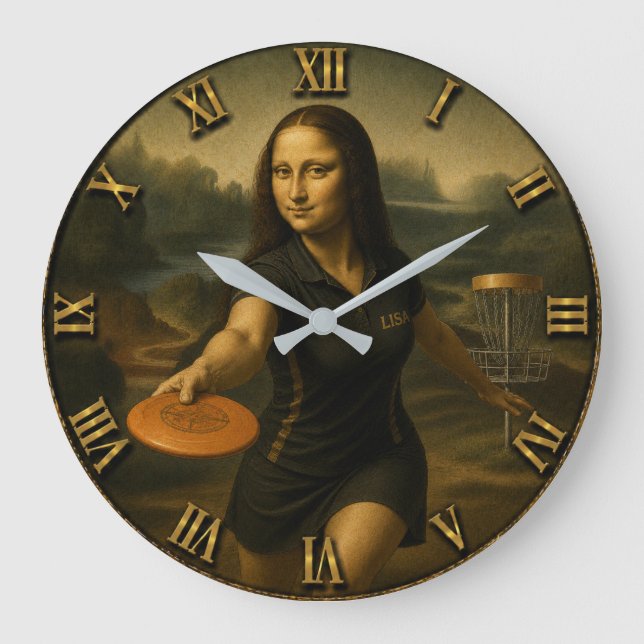Funny Disc Golf Mona Lisa Disc Golfer Gift Large Clock (Front)