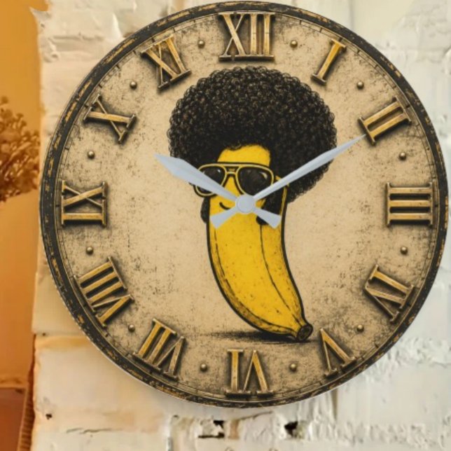 Funny Disco Retro Afro Banana Large Clock (Creator Uploaded)