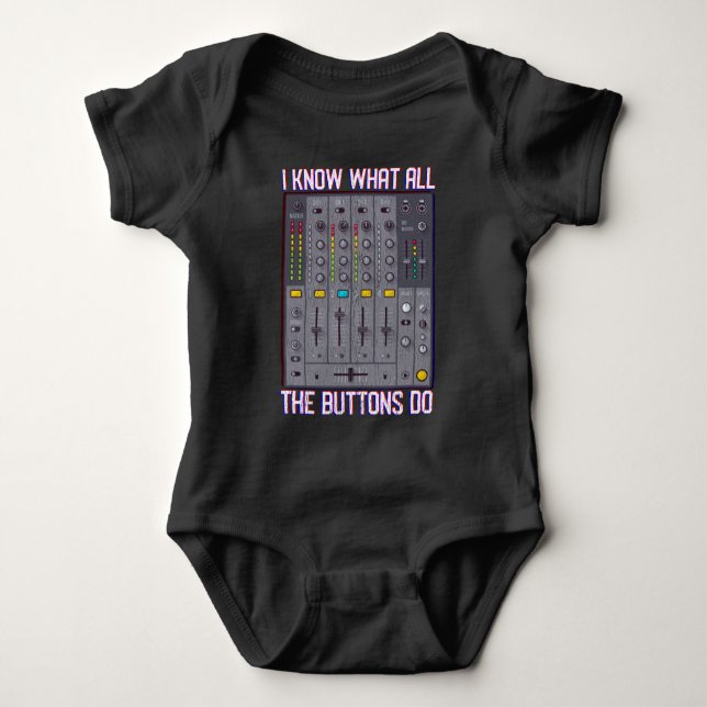 Funny Disco Techno DJ Button Mixer Baby Bodysuit (Front)
