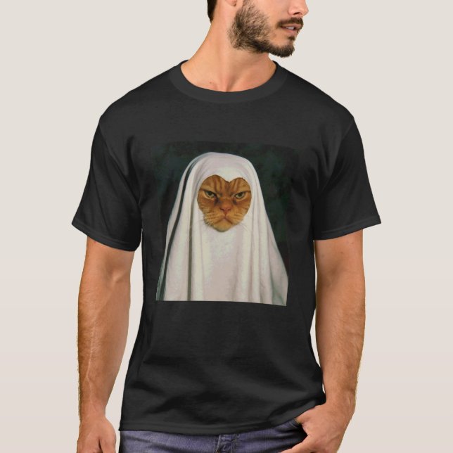 Funny Disgruntled Cat Ghost Halloween T-Shirt (Front)
