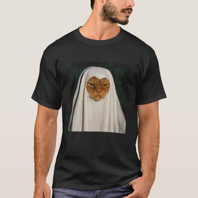 Funny Disgruntled Cat Ghost Halloween T-Shirt (Front)