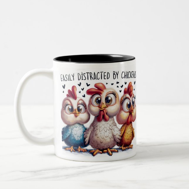Funny Distracted By Chickens Two-Tone Coffee Mug (Left)