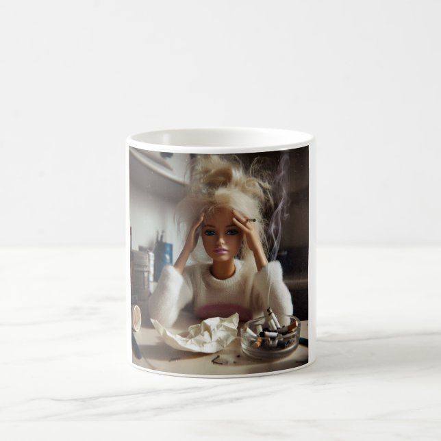 Funny Distressed Doll Face Meme Smoking Sarcastic  Coffee Mug (Center)