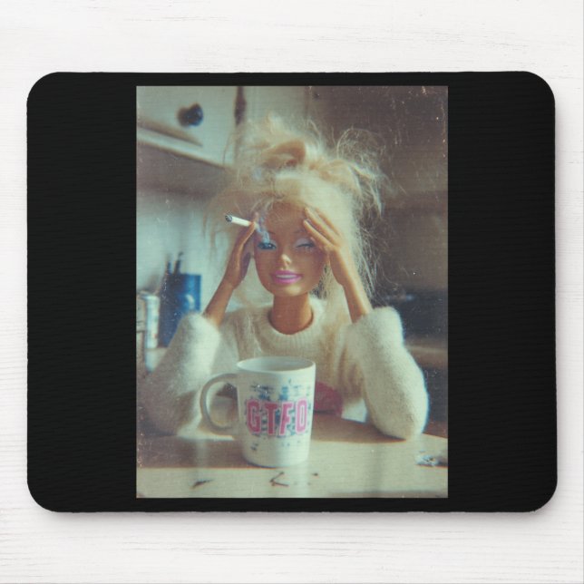 Funny Distressed Doll Face Meme Smoking Sarcastic  Mouse Pad (Front)