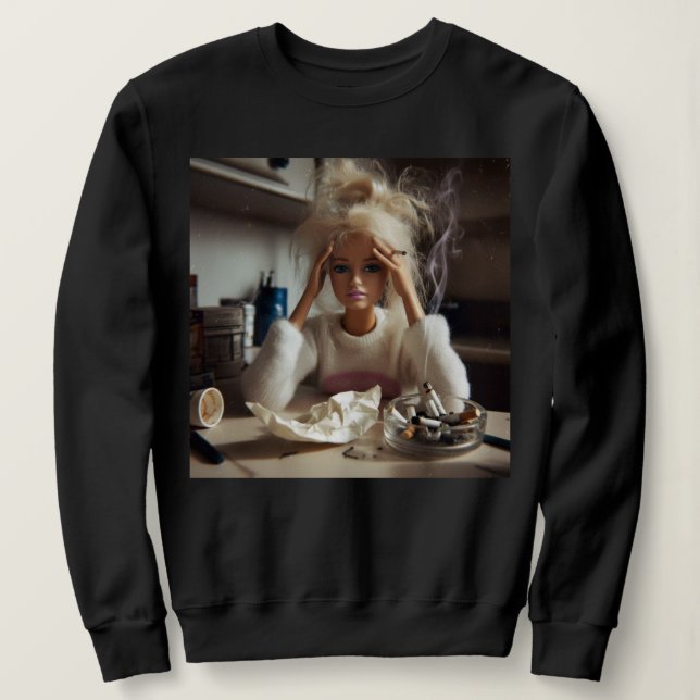 Funny Distressed Doll Face Meme Smoking Sarcastic  Sweatshirt (Design Front)