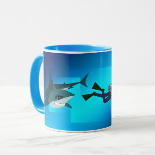 FUNNY DIVERS MUG.  SCUBA DIVER FOLLOWED BY SHARK MUG