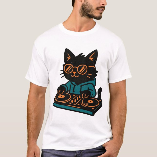 Funny DJ Black Cat T-Shirt (Front)